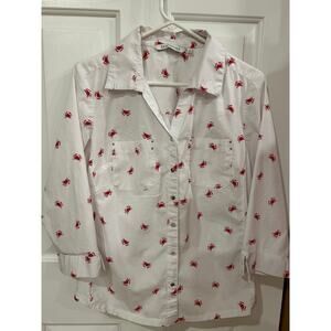 Emily Daniels 3/4 sleeve button down top with red crabs L